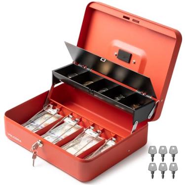 Imagem de Volcora SAFEGrande caixa de dinheiro com fechadura de chave, caixa de dinheiro de metal para dinheiro, cofre de bloqueio portátil com bandeja de dinheiro, organizador durável para economia de dinheiro