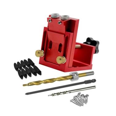 Imagem de IEUDNS Localizador de carpintaria de madeira, furo inclinado, posição de broca, guias de marcenaria, ferramenta de ângulo de junta para móveis, armários de, Vermelho