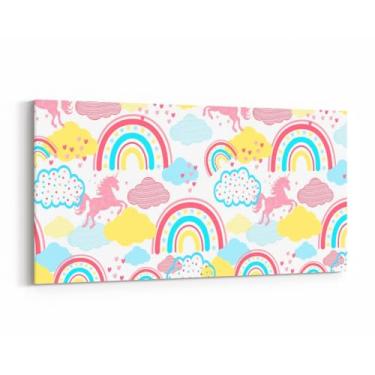 Imagem de Decoração de parede em tela arco-íris infantil 96 cm C x 48 cm L, pôsteres de céu sonhador de nuvens aquarela, pintura de parede para meninas e mulheres, silhueta de unicórnio rosa feminino, 3 peças