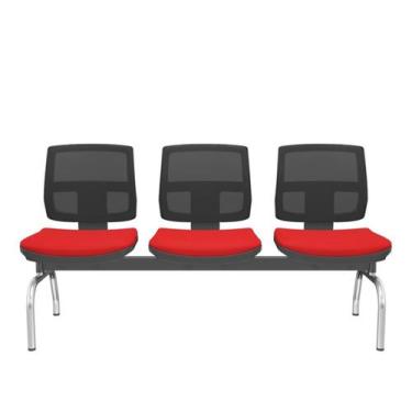 Imagem de Longarina Flora 3 Lugares Encosto Tela Preta Assento Aero Vermelho Sem