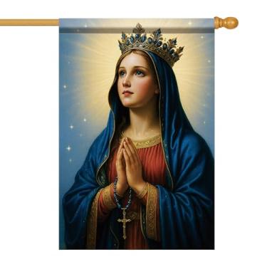 Imagem de Starlit Patio Bandeira de casa cristã 71 x 101 cm bandeira de jardim virgem maria dupla face mãe rezando com coroa bandeira de quintal religioso pátio externo ração jardim casa igreja EUA