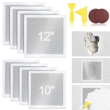 Imagem de Kit de reparo de parede de gesso 12 unidades, kit de remendo de reparo de parede de alumínio de 25 cm, kits de reparo de remendo de parede de malha autoadesiva resistente, kits de remendo de drywall