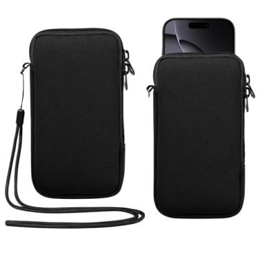 Imagem de Bolsa para celular de neoprene com zíper e cordão de pescoço compatível com iPhone 16 Pro Max Galaxy S25 Ultra S25+ S24 FE A16 A56 Oneplus 13 Pixel 9 Pro XL Xiaomi 15 Ultra (preto, médio)