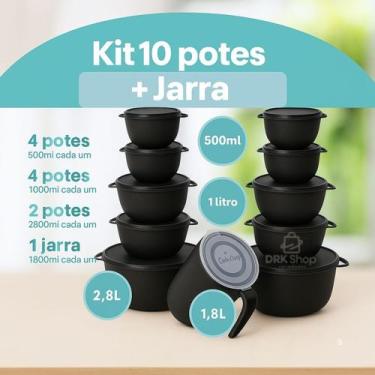 Imagem de kit potes 10 Bowl + Jarra Cozinha Saladeira Pote Marmitas Cor Preto - 