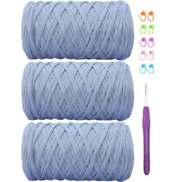 Imagem de Camiseta de 400 g de tecido elástico de crochê para tricô DIY, fio de crochê grosso espaguete para mão, bolsa faça você mesmo, cesta de almofada, projetos de crochê, decoração de casa (azul celeste)