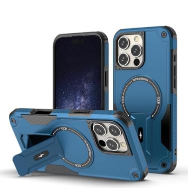 Imagem de HJZSZX Para iPhone 16 Pro Max Mecha Shockproof Invisible Bracket Magnetic Phone Case Wireless Charging Hard Back Cover (Para iPhone 16 Pro Max/Azul)