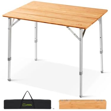 Imagem de ATEPA Mesa dobrável de madeira, mesa dobrável de altura ajustável, mesa de acampamento de bambu ambiental com pernas de alumínio, bolsa de transporte para viagem, piquenique, praia, pesca, exterior