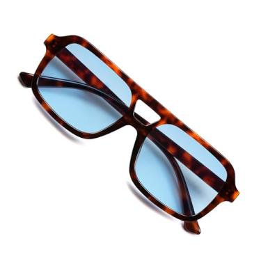 Imagem de VANLINKER Óculos de sol retrô estilo aviador quadrado anos 70 para mulheres e homens, vintage, moderno, retangular, óculos de sol VL9816, C15-Lente azul/armação de tartaruga, M
