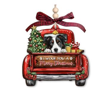 Imagem de Enfeite de Natal de madeira Border Collie - Decoração de Natal de caminhão vermelho com presentes de árvore de Natal e uma citação de Feliz Natal - Enfeite rústico de Natal para amantes de cães