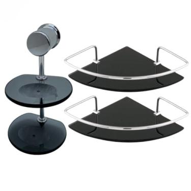 Imagem de Kit Acessórios Banheiro Premium, Porta Shampoo Canto Vidro Fumê 2 Unidades, Saboneteira Oval, Preto, Alumínio, Design Moderno, Resistente à Água, Instalação com Fixação Dupla