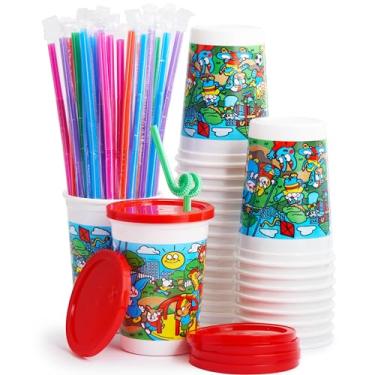 Imagem de Resistente a derramamentos, lavável na máquina de lavar louça, copos de festa infantil de 340 g com tampa e canudo, pacote com 10. Durável, material livre de BPA é reutilizável ou fácil de levar! Ótimo para festas de aniversário de criança, viagem ou copo de banheiro