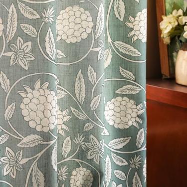 Imagem de ISAENNE Cortinas de linho verde cinza vintage com ilhós, cortina floral semi blackout para decoração de casa para sala de estar, cozinha, quarto, janela, 2 painéis de 165 cm de largura por 189 cm de