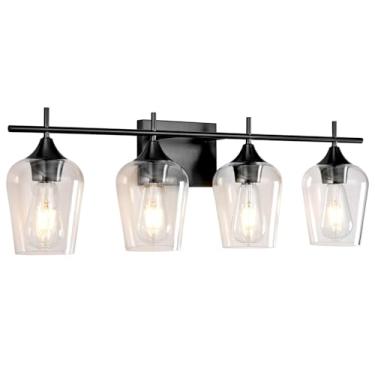 Imagem de Luminária de banheiro preta de 71 cm, luminária moderna de 4 luzes sobre o espelho, arandelas de parede de banheiro para espelho, sala de estar, quarto, corredor, persiana de vidro transparente