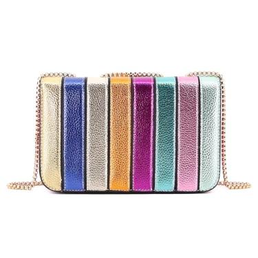Imagem de Naimo Bolsa feminina em formato de coração, listrada, arco-íris, bolsa tiracolo de couro sintético metálico com corrente de ombro, Listra reta quadrada