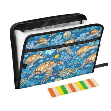 Imagem de Pastas de arquivo de peixe tartaruga marinha, pastas de plástico com 13 bolsos, pasta de arquivos expansível para documentos, escola, estudantes, escritório, pasta estética com etiquetas tamanho A4