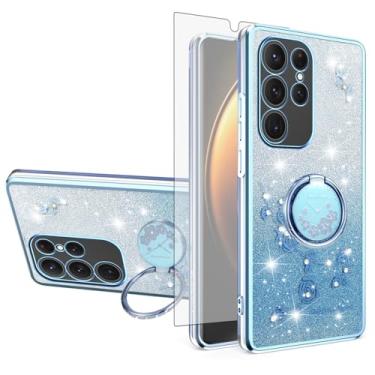 Imagem de Asuwish Capa de celular para Samsung Galaxy S24 Ultra 5G com protetor de tela de vidro temperado, suporte de anel, brilhante, transparente, híbrido, à prova de choque, capa protetora de TPU S24Ultra