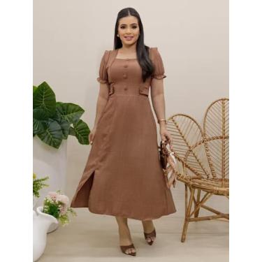 Imagem de Vestido Elegante Moda Evangélica de Linho Decote Quadrado com Botões E