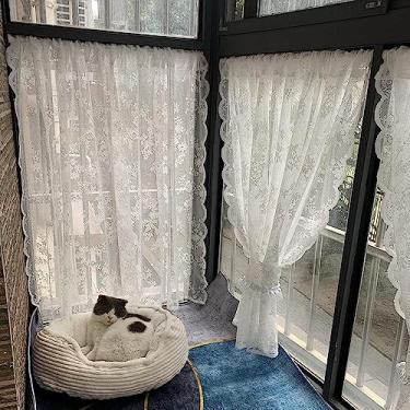 Imagem de Cortinas curtas de cozinha, cortinas de chiffon transparente de renda, cortinas decorativas para janelas com divisória de amarração, para armário/cama, cortinas de película/cortinas para porta de