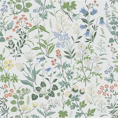 Imagem de VEELIKE Cottage Meadow Papel de Parede Floral Peel and Stick Vintage Daisy Bellflowers Papel de Parede 40 cm x 900 cm Papel de Parede Botânico Autoadesivo Removível para Quarto de Meninas e Banheiro