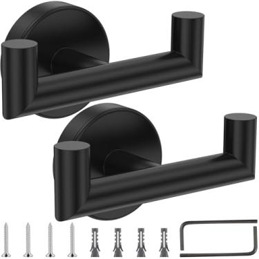 Imagem de bigjvbfv 2 ganchos de toalha duplos de aço inoxidável, gancho de revestimento duplo com rolamento de carga forte, cabides de parede simplificados para toalha de mão, ganchos duplos de suporte de