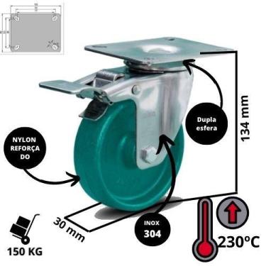 Imagem de Rodizio inox 4 Pol. Alta temperatura giratório C/freio 230ºC - Colson