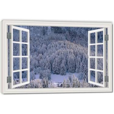 Imagem de Impressão em tela de ilusão de janela falsa de neve profunda, arte de parede com vista panorâmica real para sala de estar 20 x 30 cm emoldurada