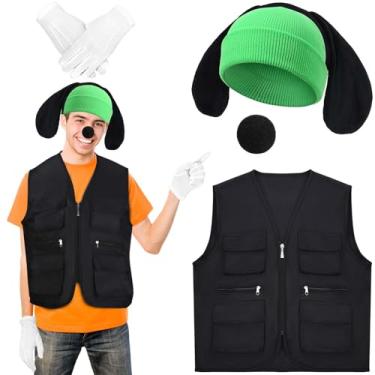 Imagem de JcHrmers 5 peças de fantasia de cachorro de Halloween com gorro verde, chapéu, orelhas, nariz, colete preto, luvas para adultos e festas de cosplay