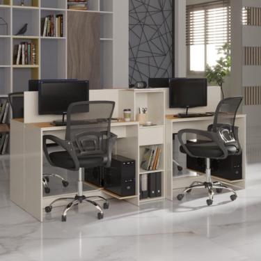Imagem de Estação De Trabalho 4 Lugares Office Tech 4 Mesas 2 Armários - Off White E Cedro Off White E Cedro