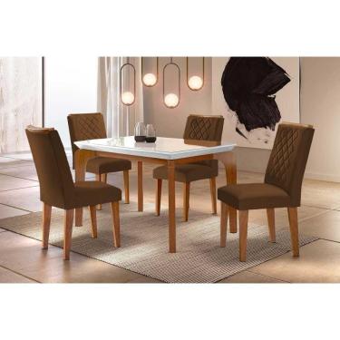 Imagem de Sala De Jantar Completa Londrina C- Tampo Madeirado Vidro Canto Reto 120x80cm E 4 Cadeiras Jade Imbuia-off White - Veludo Marrom - Rufato