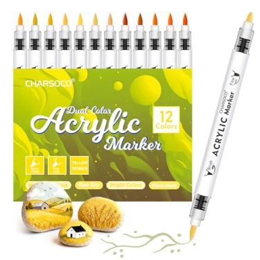 Imagem de CHARSOCO Canetas de tinta acrílica de tons amarelos, conjunto de marcadores de 12 cores com pincel macio e ponta de bala, para pedra, pintura, madeira, vidro, cerâmica, tela, pedra, artesanato DIY
