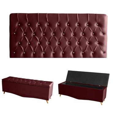 Imagem de Kit Estrela Cabeceira De Cama Painel E Calçadeira Baú Botão Cristal Queen 160 Cm Suede Bordo Eli Móveis E Decoração