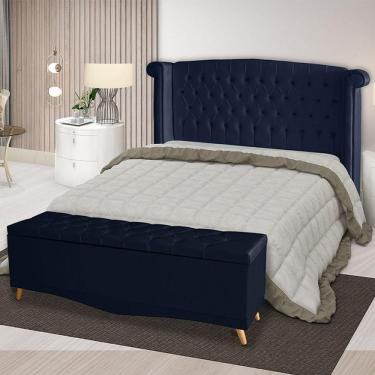 Imagem de Kit Cabeceira De Cama Box E Calçadeira Baú Malibu Queen 160 Cm Suede Azul Marinho Eli Móveis