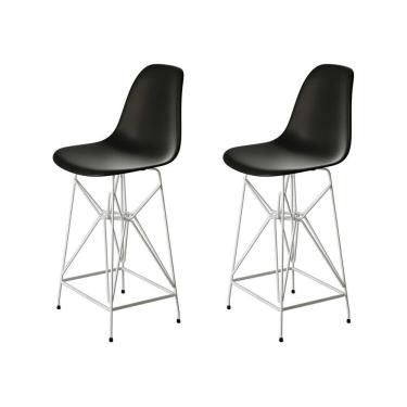 Imagem de Kit 2 Banquetas Bistrô Alta Eames Preta Base Ferro Branco - Cor: Preto