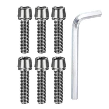 Imagem de PATIKIL Parafusos de haste de bicicleta M5 x 20 mm, 6 parafusos sextavados cônicos com arruelas e chave para haste de bicicleta de estrada BMX MTB, prata
