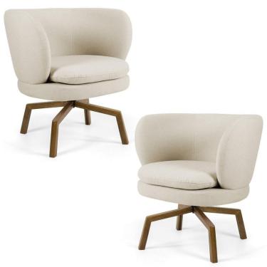 Imagem de Kit 02 Poltronas Decorativas Melissa Base Ka Giratória Castanho C-107 Linho Bege - Domi