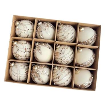 Imagem de Esquirla Conjunto de 12 bolas de Natal com lantejoulas e glitter para pendurar na árvore ou, perfeitas para fotos. Tamanho ideal para presentear, Bege