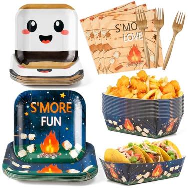Imagem de G1ngtar S’Mores Camping Party Decorations Supplies - Serves 24-120Pcs S’More Love Fun Party Tableware, Campfire Disposable Paper Plates Napkins Forks Food Trays Serving Boat for Kid Camper Christmas