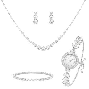 Imagem de NEWITIN Conjunto de 5 peças de joias de ouro de cristal para mulheres relógio colar pulseira brincos de zircônia cúbica brilhante conjuntos de joias de casamento para noivas dama de honra acessórios