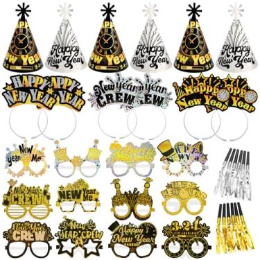 Imagem de HOWAF Glitter New Year Eve Party Supplies 2026, 2026, decoração de festa NYE - 6 peças de chapéus cone feliz ano novo, faixa de cabeça, 12 óculos a laser, 12 peças de explosões de ano notícias, preto