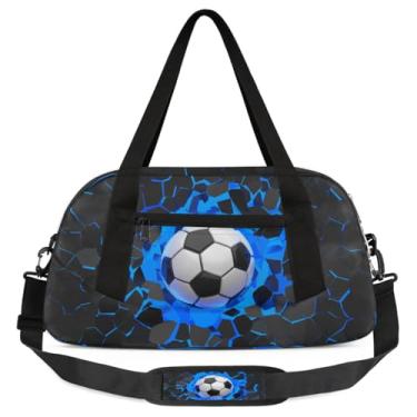 Imagem de Bolsa de viagem de academia para meninos – Bolsa de futebol azul 3D infantil durante a noite com bolso frontal com zíper para prática escolar, bolsas de mão tamanho de festa do pijama para