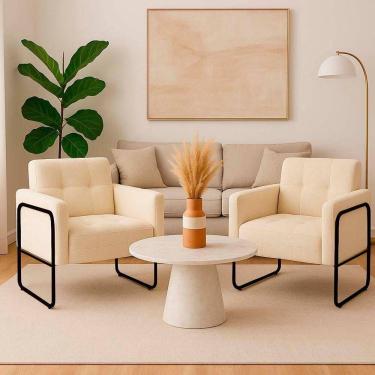 Imagem de Poltrona Sala Industrial Alta Tubo Preto Kit 2 Elisa Bouclê D03 - D`rossi Cor Bege