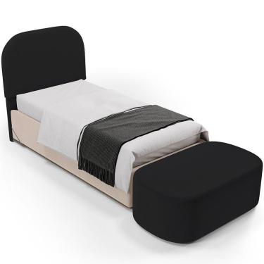 Imagem de Cabeceira Cama Box 100cm Lanna Com Puff Recamier Doha W01 Bouclê Preto - Lyam Decor