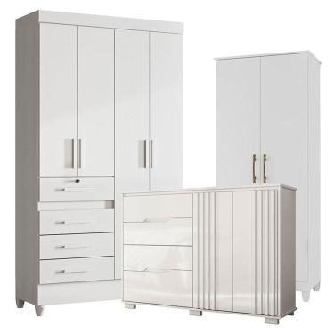 Imagem de Guarda Roupa Infantil Sobral Com Cômoda Texas E Armário Multiuso Jade Branco Brilho - Moval