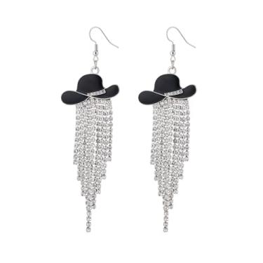 Imagem de Brincos pendentes de chapéu de vaqueira de caubói brilhante com strass de cabeça de boi ocidental para mulheres, chapéu longo de caubói ocidental, pingentes de borla, acessórios de joias em forma de