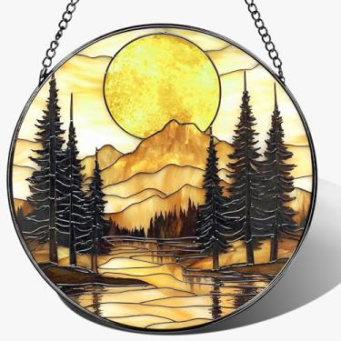 Imagem de Enfeite de vitral de 20 cm, pendurado em vitrais, decoração para pendurar na janela, enfeite de pôr do sol na montanha | Feriado, Dia das Mães, inauguração de casa | Presentes para amantes da natureza