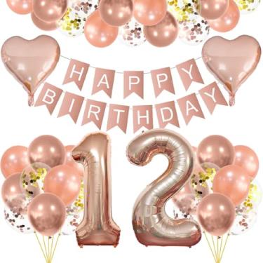 Imagem de Conjunto de balões de ouro rosa, decoração de aniversário de 12 anos, decoração de aniversário de 12 anos, guirlanda de feliz aniversário de 12 anos, decoração de 12 anos para meninas e meninos