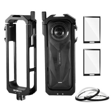 Imagem de debous Insta 360 X5 Capa de gaiola de moldura de alumínio bolsa premium de vidro protetor de tela para Insta360 X5 X 5 kit de acessórios capa protetora de metal antiarranhões (preto)