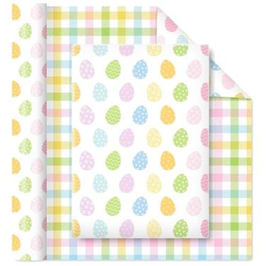 Imagem de FYSUIMU Papel de embrulho de Páscoa – Mini rolo – 43 cm x 32,8 m, papel de embrulho reversível xadrez de ovo colorido pastel, para artesanato, primavera, aniversário, festas