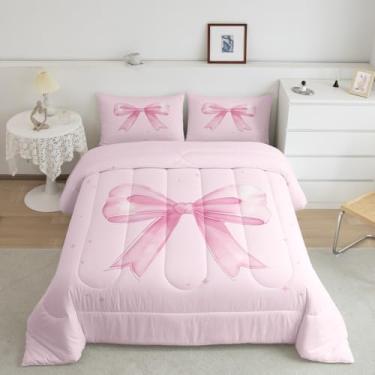 Imagem de Feelyou Conjunto de edredom com laço rosa para todas as estações, princesa, sonhadora, com 2 fronhas, laço fofo, microfibra, roupa de cama casal, aquarela, edredom macio e leve