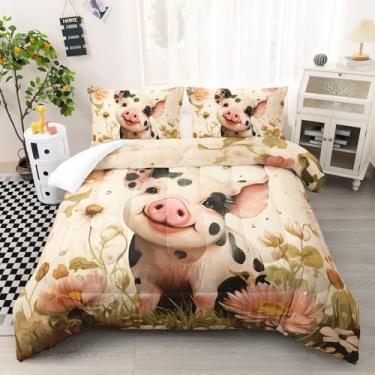 Imagem de AILONEN Conjunto de edredom de porco fofo, tamanho casal, com tema de animal de desenho animado, para crianças, meninas, lindo edredom floral de porco com 2 fronhas, 3 peças